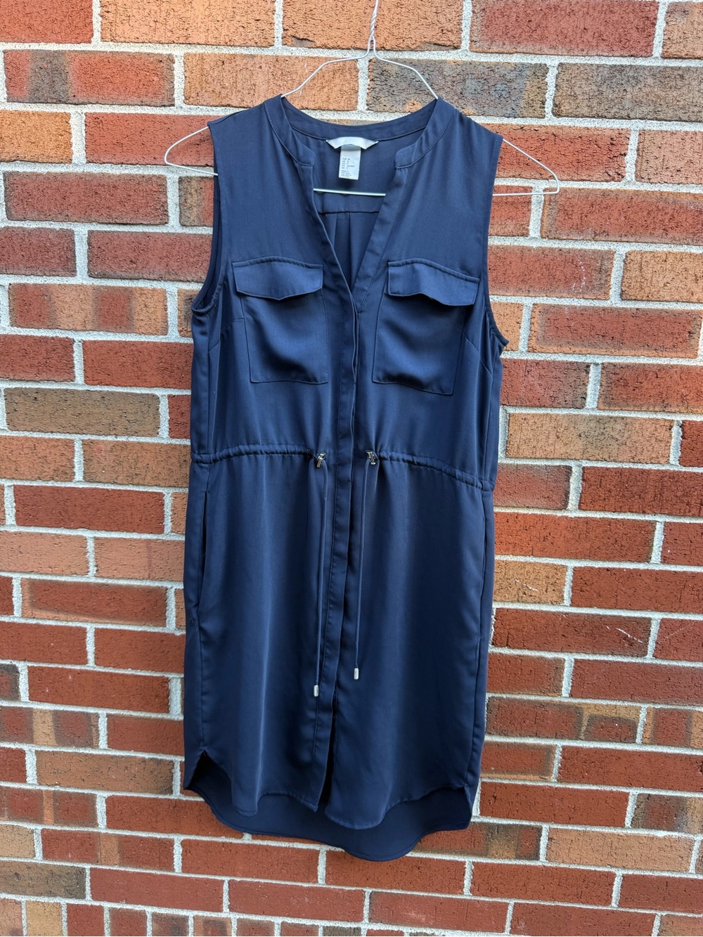 H&M Navy Sleeveless Utility Shirt Dress Drawstring Waist Pockets Size 2